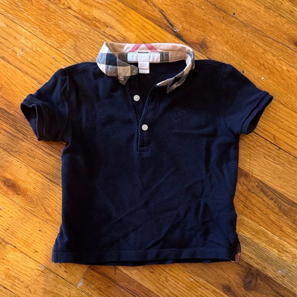 Burberry Kids Polo Shirt in Navy with Plaid Collar